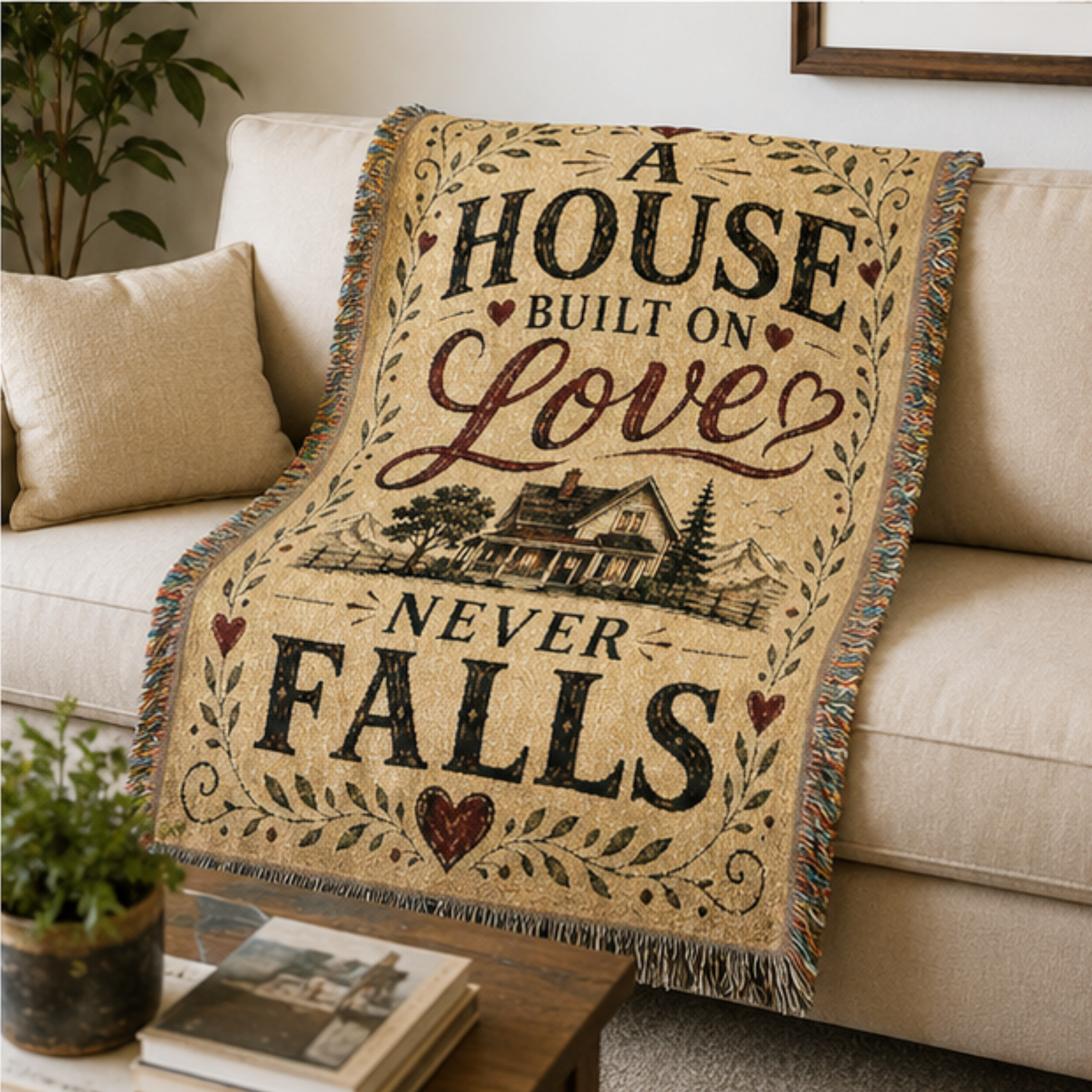 A House Built on Love Never Falls Woven Blanket | Premium Cotton Throw