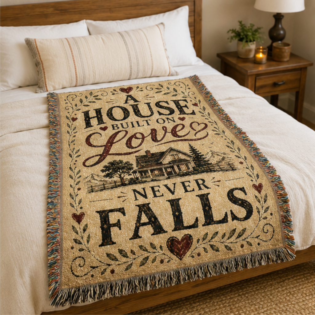 A House Built on Love Never Falls Woven Blanket | Premium Cotton Throw