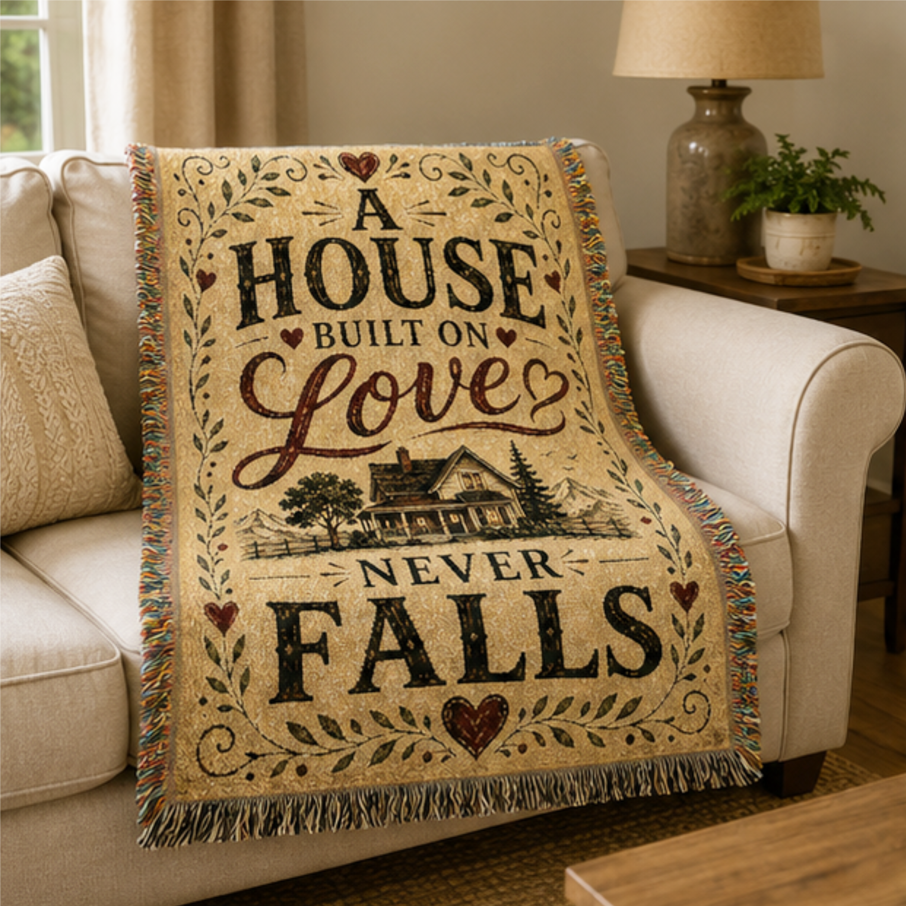 A House Built on Love Never Falls Woven Blanket | Premium Cotton Throw