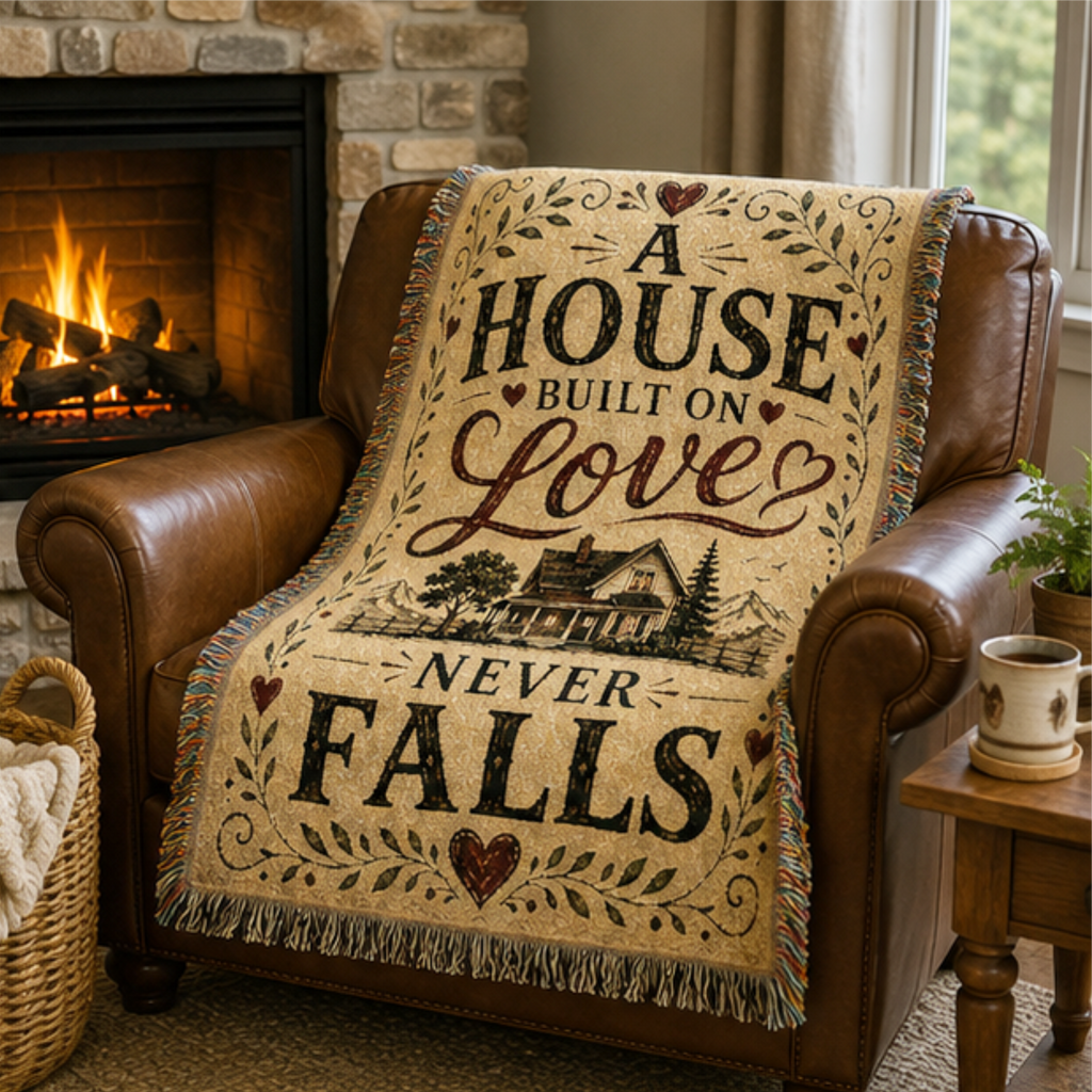 A House Built on Love Never Falls Woven Blanket | Premium Cotton Throw
