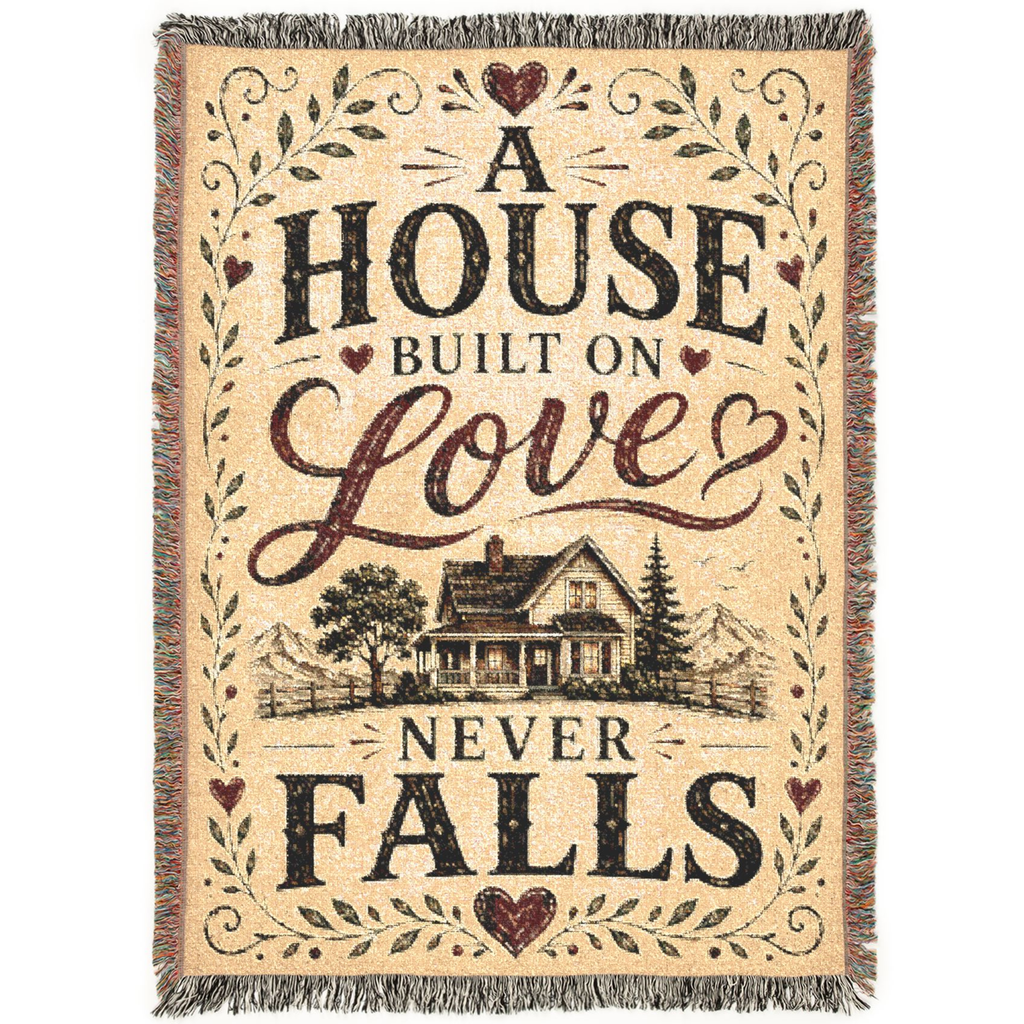 Premium woven cotton blanket featuring the inspirational quote "A House Built on Love Never Falls," with a cozy farmhouse illustration, decorative hearts and leafy flourishes on a warm neutral background. A rustic heirloom throw perfect for farmhouse décor, family homes, weddings, anniversaries, and housewarming gifts.