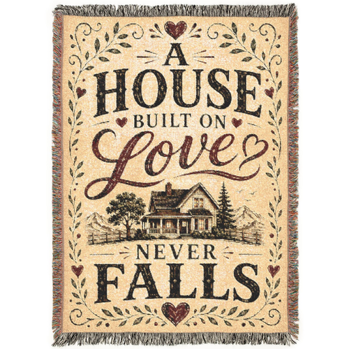 Premium woven cotton blanket featuring the inspirational quote "A House Built on Love Never Falls," with a cozy farmhouse illustration, decorative hearts and leafy flourishes on a warm neutral background. A rustic heirloom throw perfect for farmhouse décor, family homes, weddings, anniversaries, and housewarming gifts.