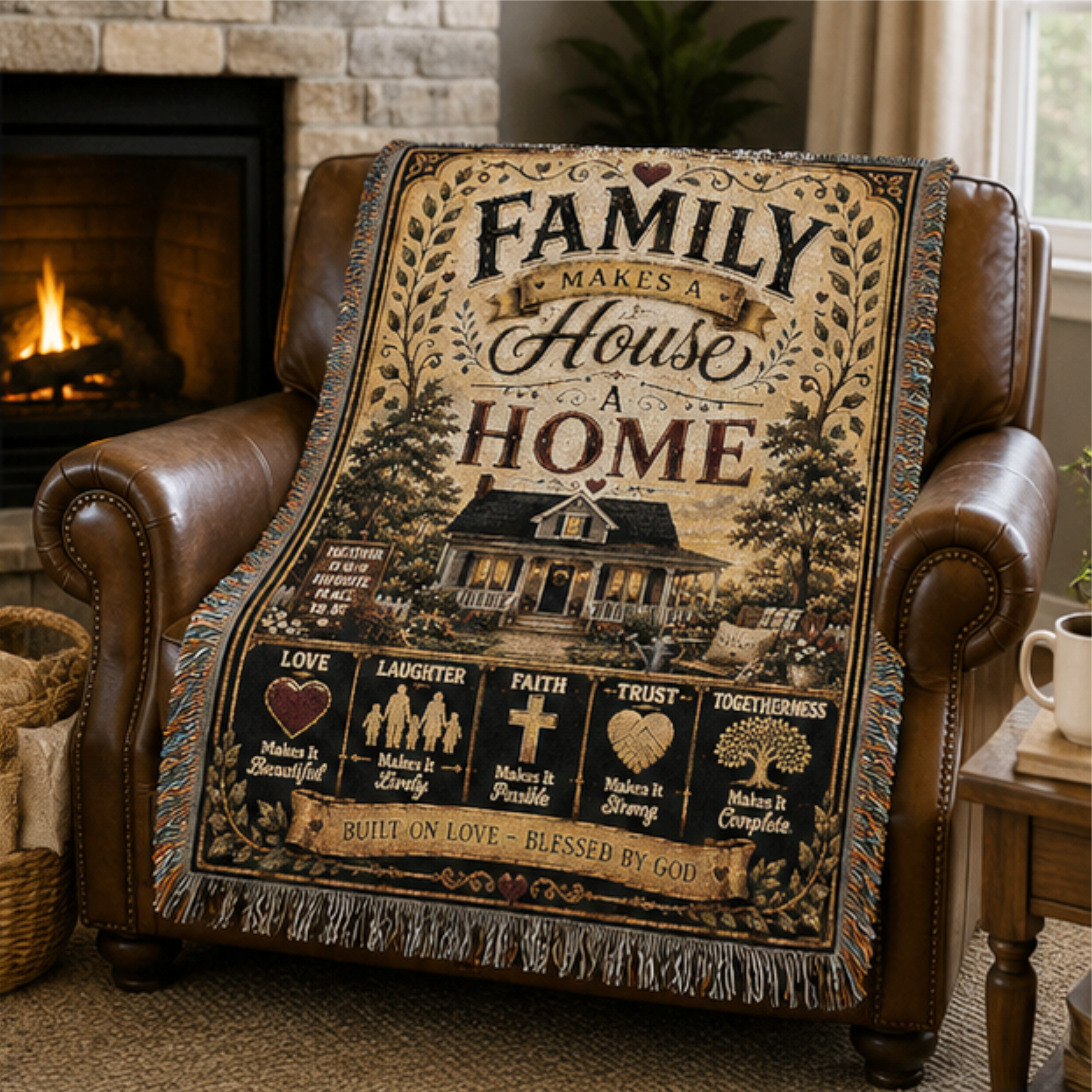Family Makes a House a Home Woven Blanket | Premium Cotton Throw