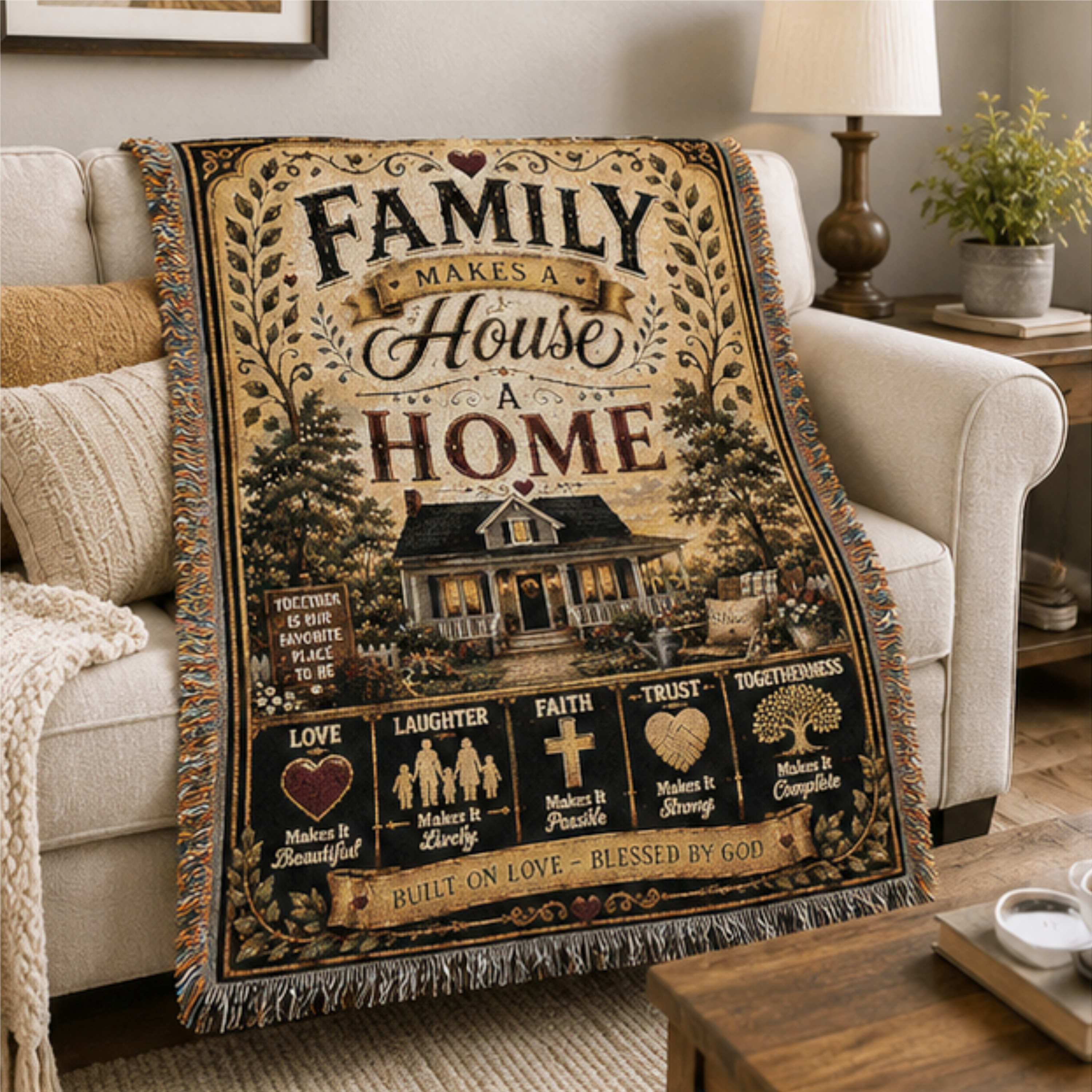 Family Makes a House a Home Woven Blanket | Premium Cotton Throw