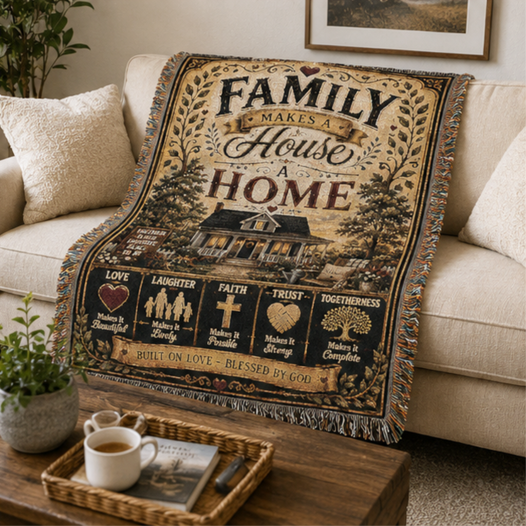 Family Makes a House a Home Woven Blanket | Premium Cotton Throw