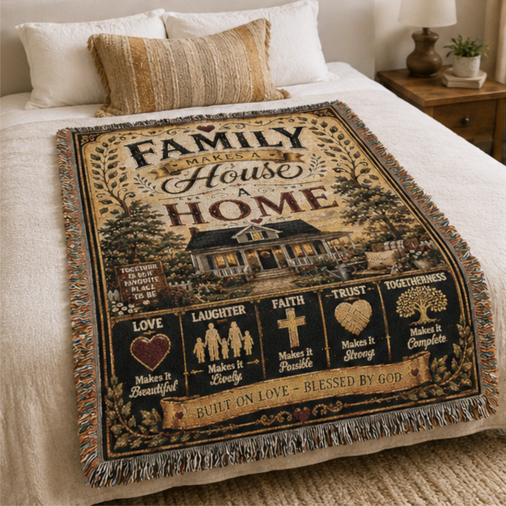 Family Makes a House a Home Woven Blanket | Premium Cotton Throw