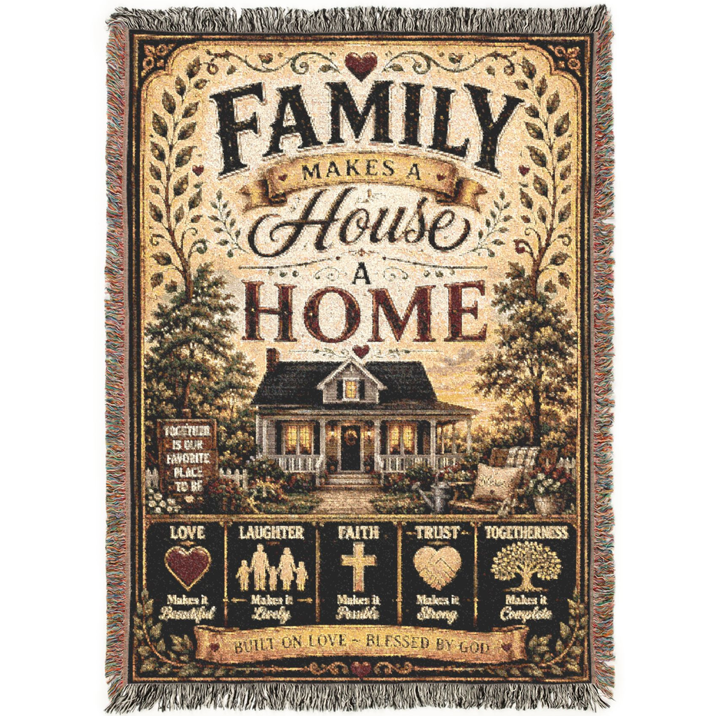 Premium woven cotton blanket featuring the quote "Family Makes a House a Home," a cozy farmhouse surrounded by trees and flowers, and decorative icons representing love, laughter, faith, trust, and togetherness. Rustic farmhouse throw with decorative fringe for family home décor and meaningful gi