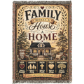 Premium woven cotton blanket featuring the quote "Family Makes a House a Home," a cozy farmhouse surrounded by trees and flowers, and decorative icons representing love, laughter, faith, trust, and togetherness. Rustic farmhouse throw with decorative fringe for family home décor and meaningful gi