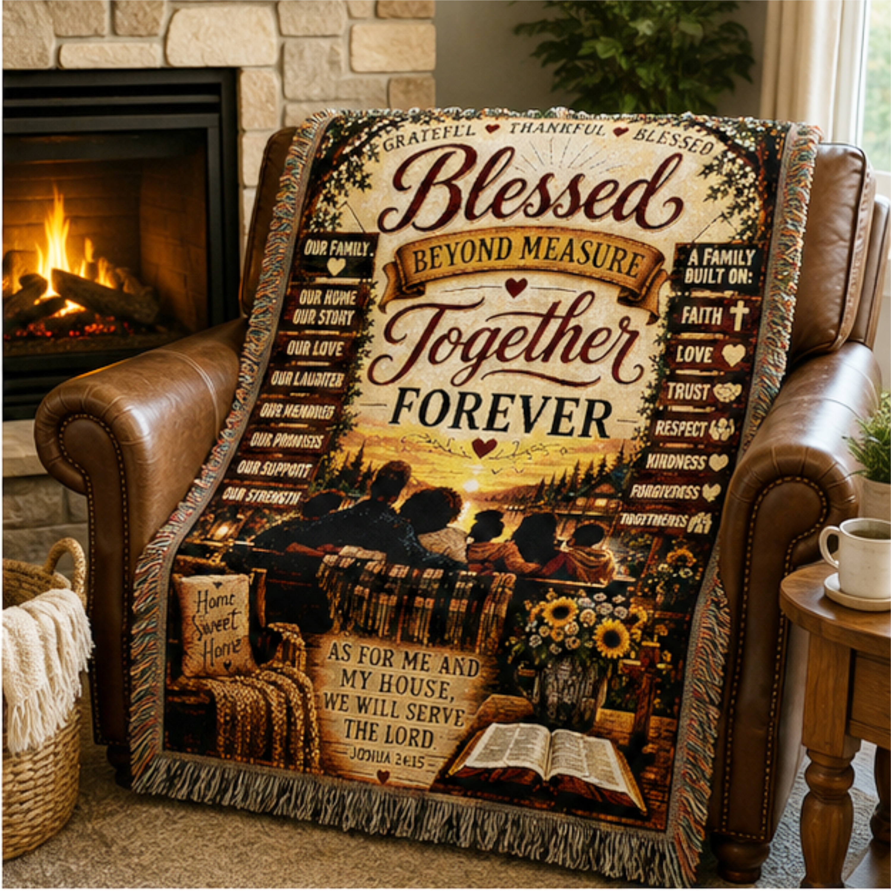 Premium woven cotton blanket featuring the inspirational message "Blessed Beyond Measure Together Forever," a family watching the sunset, Christian home décor, and the Bible verse Joshua 24:15, "As for me and my house, we will serve the Lord." Rustic heirloom throw with decorative fringe for living rooms and bedrooms.