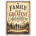Premium woven cotton blanket featuring the inspirational quote "Family Our Greatest Adventure," with a family silhouette overlooking mountains and the message "Together Is Our Favorite Place to Be." Rustic heirloom throw with decorative fringe for cozy living rooms, bedrooms, cabins, and family home décor.