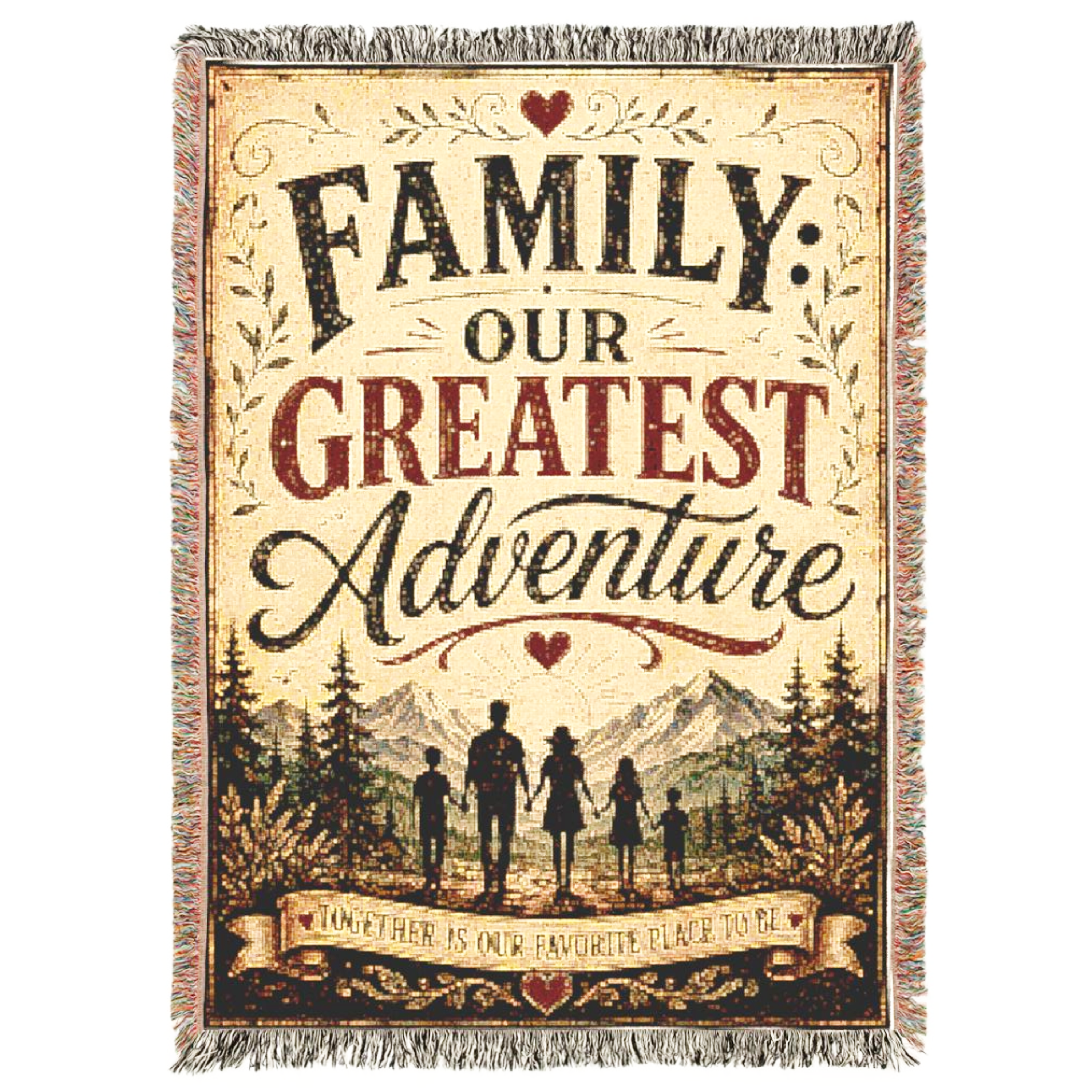 Premium woven cotton blanket featuring the inspirational quote "Family Our Greatest Adventure," with a family silhouette overlooking mountains and the message "Together Is Our Favorite Place to Be." Rustic heirloom throw with decorative fringe for cozy living rooms, bedrooms, cabins, and family home décor.