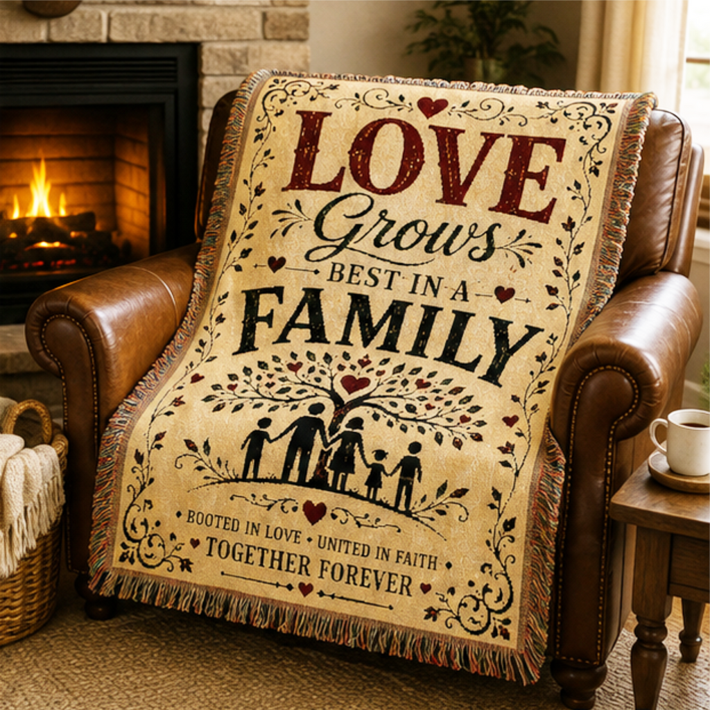 Premium woven cotton blanket featuring the inspirational quote "Love Grows Best in a Family," with a family tree silhouette, decorative hearts, and the message "Rooted in Love • United in Faith • Together Forever." Rustic heirloom throw with decorative fringe for family home décor, living rooms, bedrooms, and meaningful gifts.