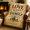 Premium woven cotton blanket featuring the inspirational quote "Love Grows Best in a Family," with a family tree silhouette, decorative hearts, and the message "Rooted in Love • United in Faith • Together Forever." Rustic heirloom throw with decorative fringe for family home décor, living rooms, bedrooms, and meaningful gifts.