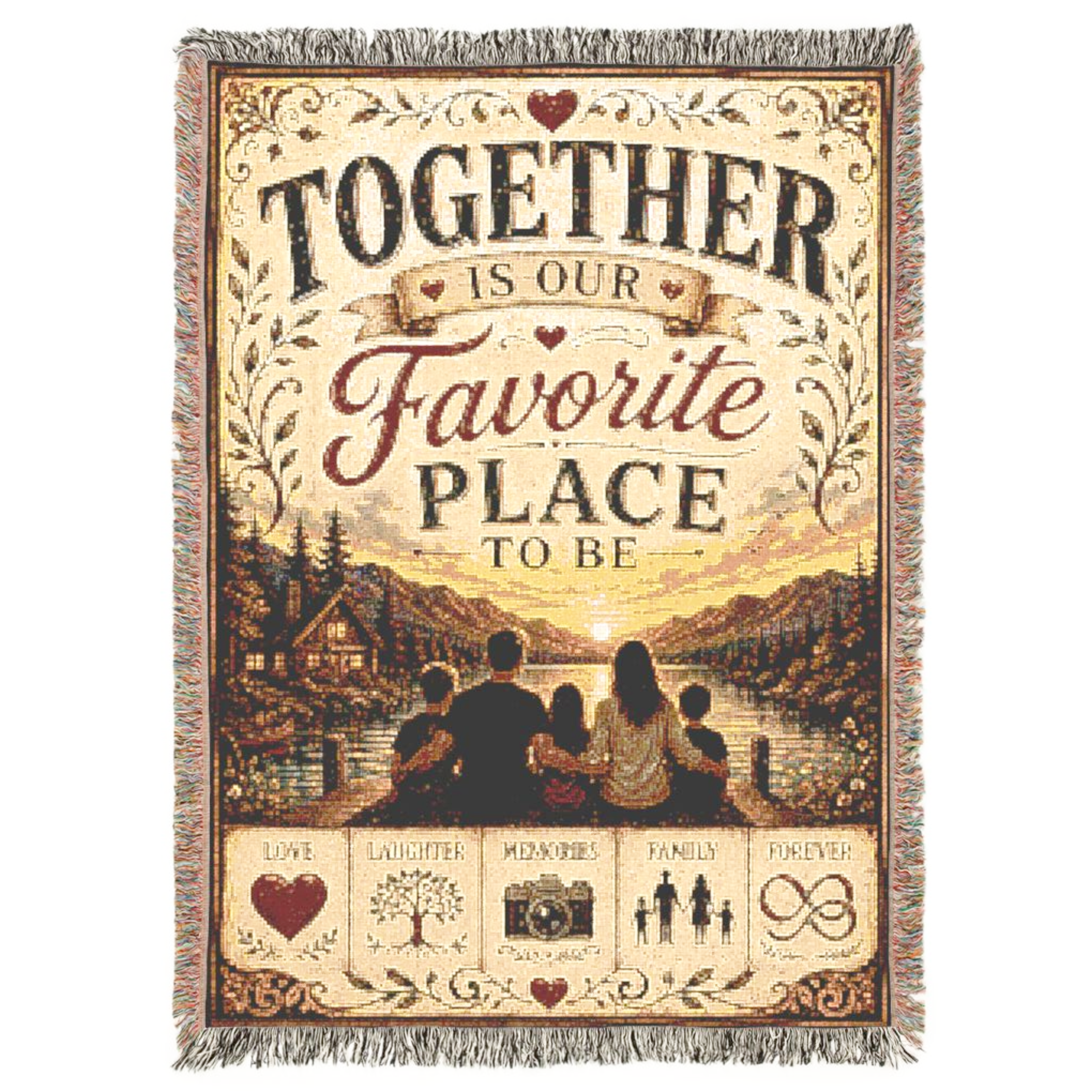 Premium woven cotton blanket featuring the inspirational quote "Together Is Our Favorite Place to Be," with a family silhouette watching a lakeside sunset, rustic cabin scenery, and decorative icons representing love, laughter, memories, family, and forever. Heirloom woven throw with decorative fringe for cozy family home décor.
