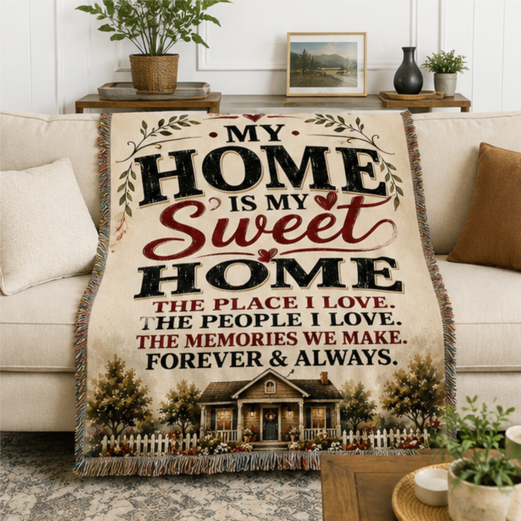 Home Sweet Home Woven Blanket | Cozy Farmhouse Family Throw Blanket | Housewarming Gift