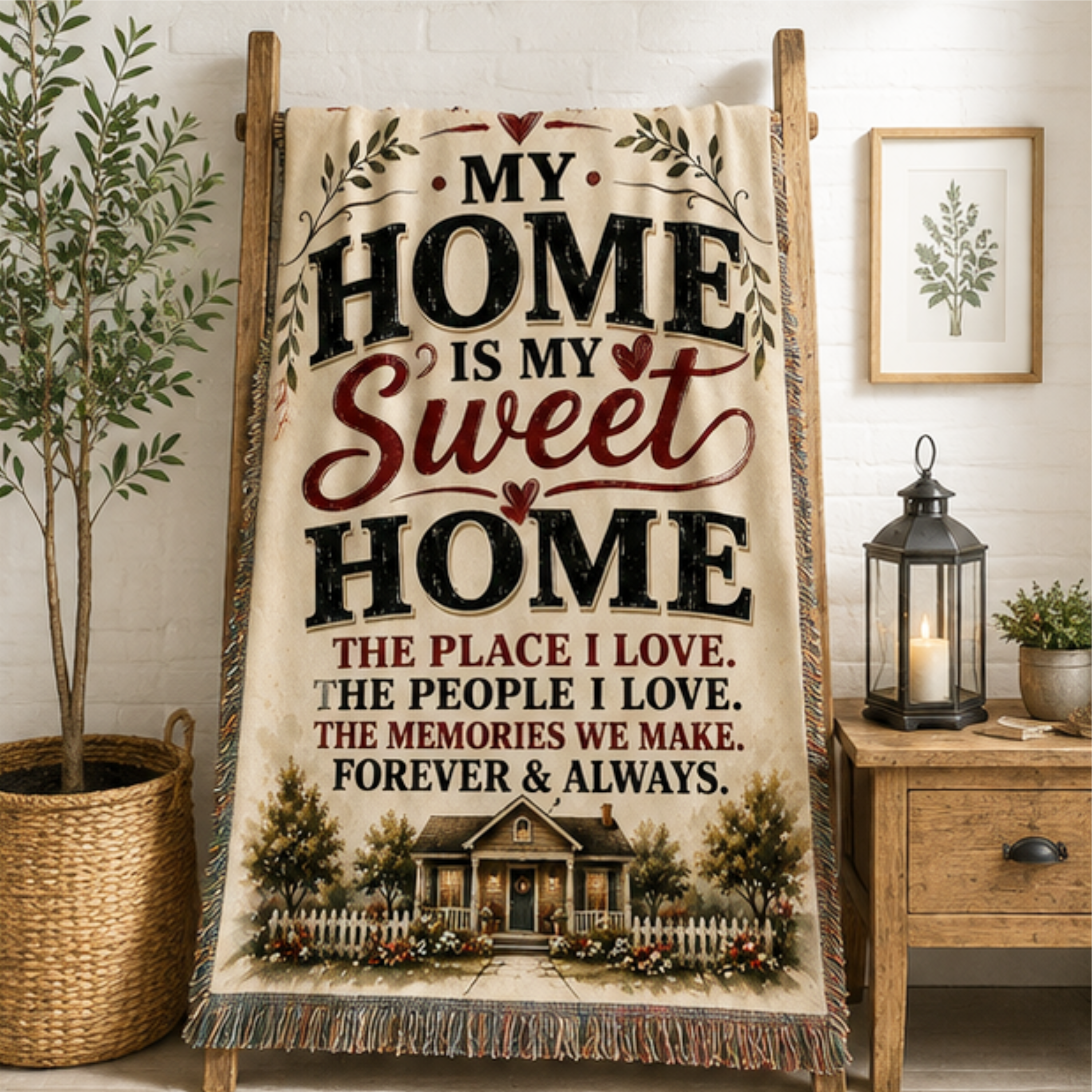Home Sweet Home Woven Blanket | Cozy Farmhouse Family Throw Blanket | Housewarming Gift
