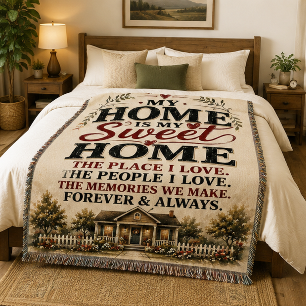 Home Sweet Home Woven Blanket | Cozy Farmhouse Family Throw Blanket | Housewarming Gift