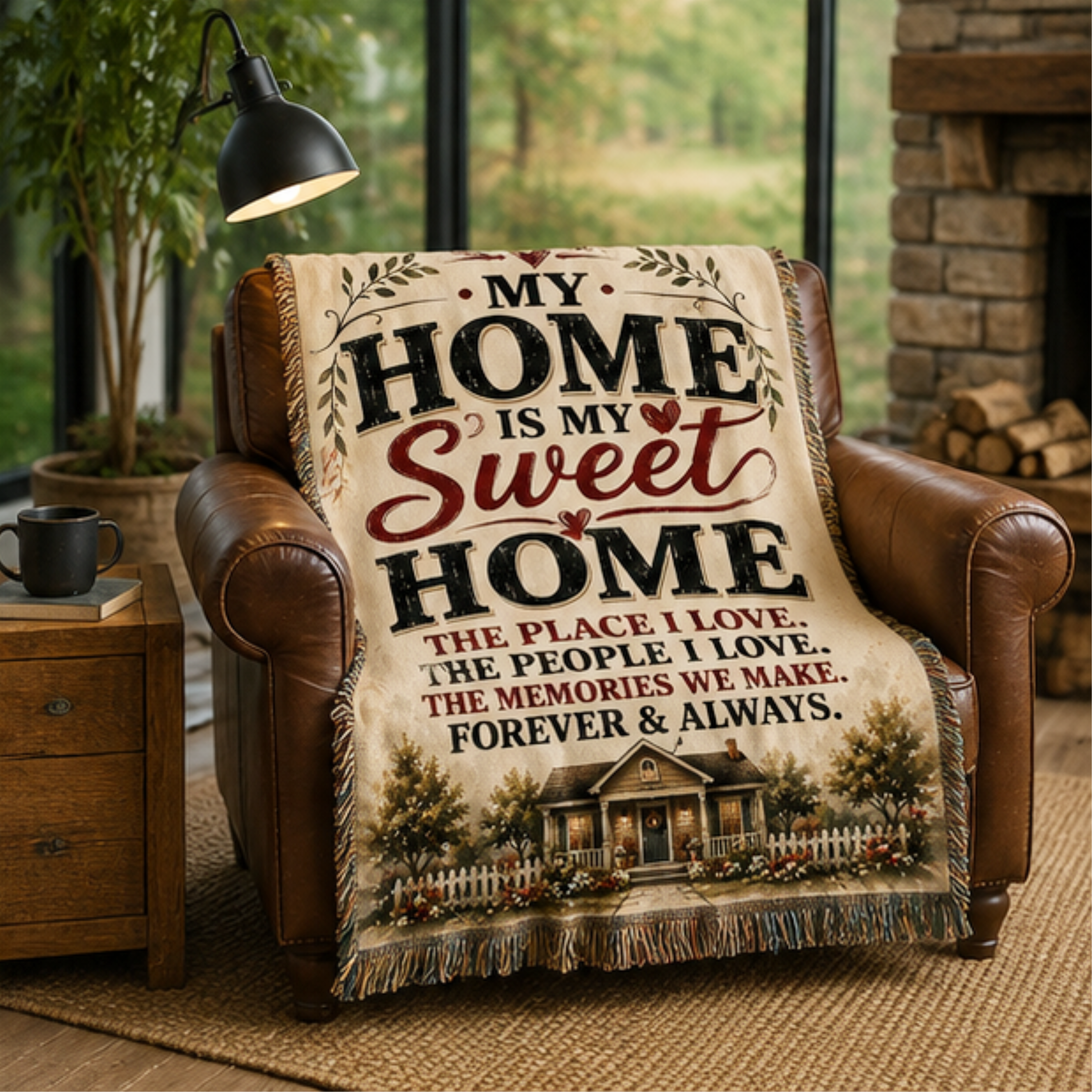Home Sweet Home Woven Blanket | Cozy Farmhouse Family Throw Blanket | Housewarming Gift