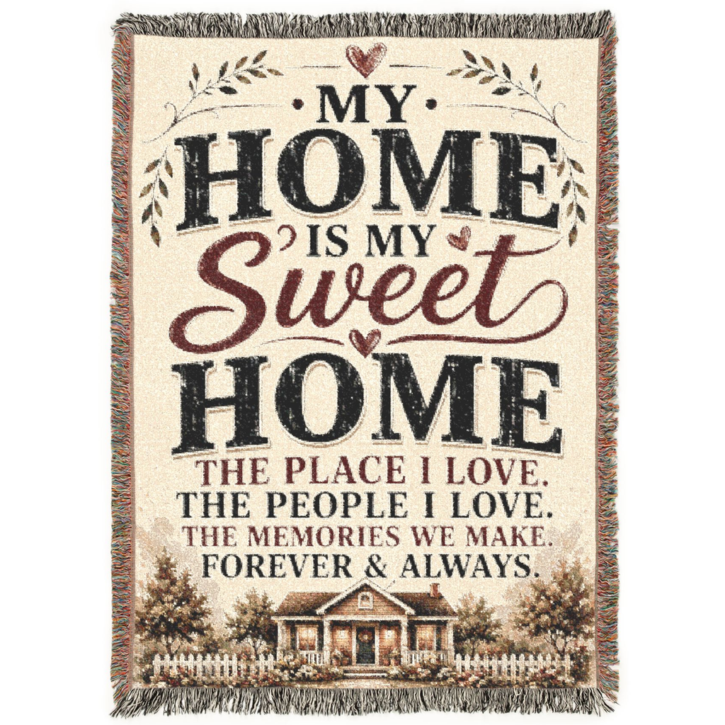 Home Sweet Home woven blanket featuring farmhouse typography, rustic cottage artwork, and warm neutral colors displayed in a cozy living room and bedroom setting