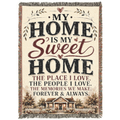 Home Sweet Home woven blanket featuring farmhouse typography, rustic cottage artwork, and warm neutral colors displayed in a cozy living room and bedroom setting