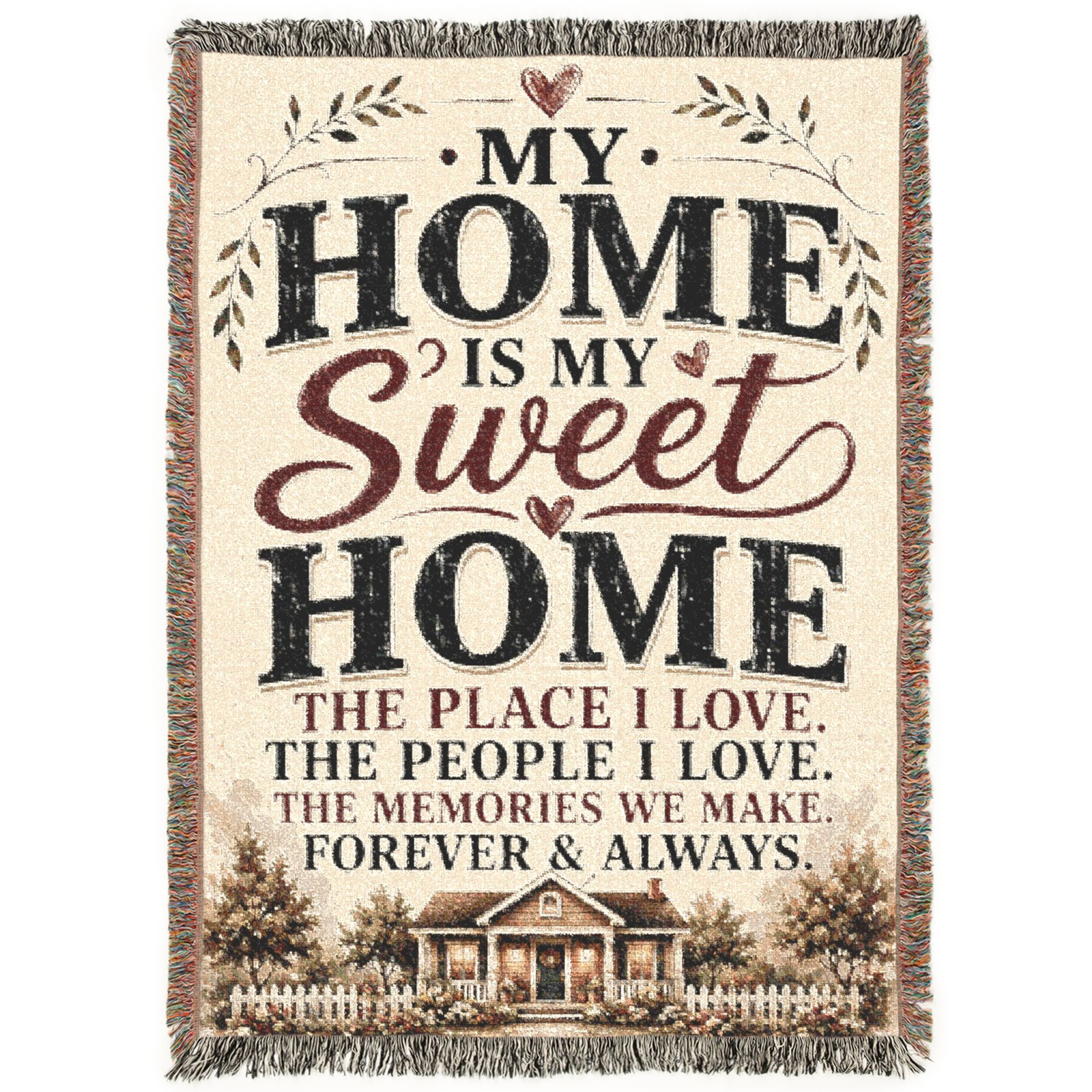 Home Sweet Home woven blanket featuring farmhouse typography, rustic cottage artwork, and warm neutral colors displayed in a cozy living room and bedroom setting