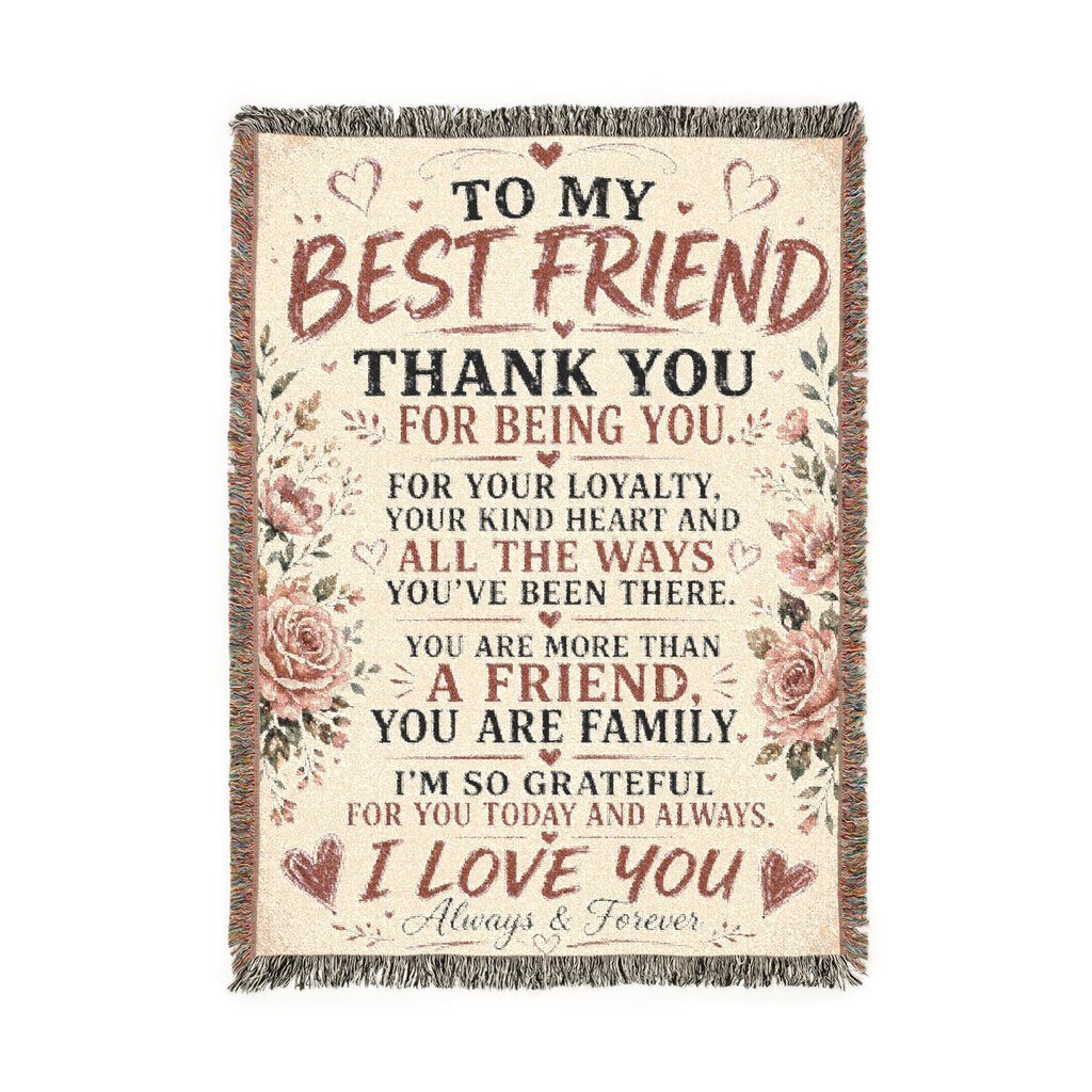 To My Best Friend woven blanket with inspirational friendship message, floral accents, and vintage typography displayed in cozy living room and bedroom settings.