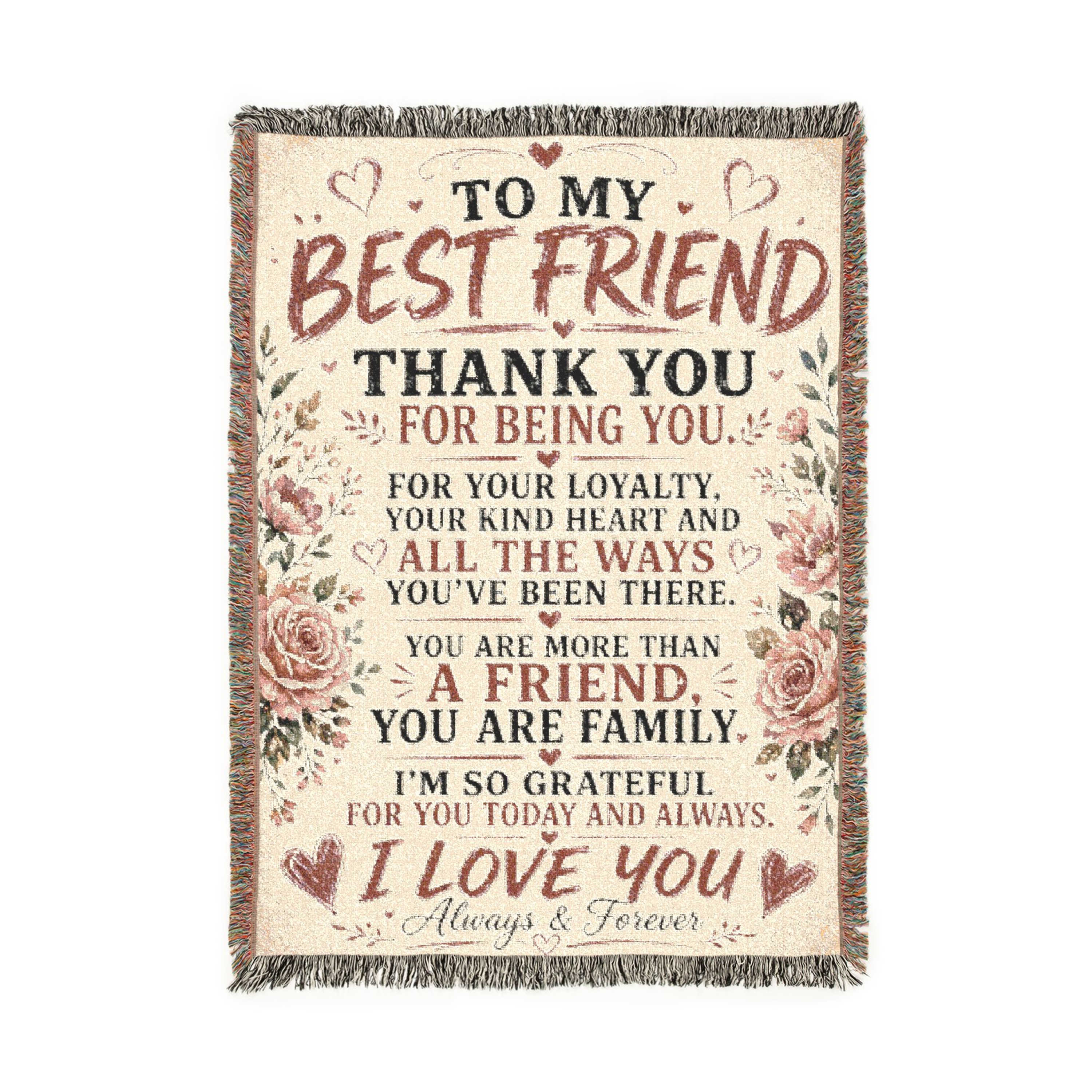 To My Best Friend woven blanket with inspirational friendship message, floral accents, and vintage typography displayed in cozy living room and bedroom settings.