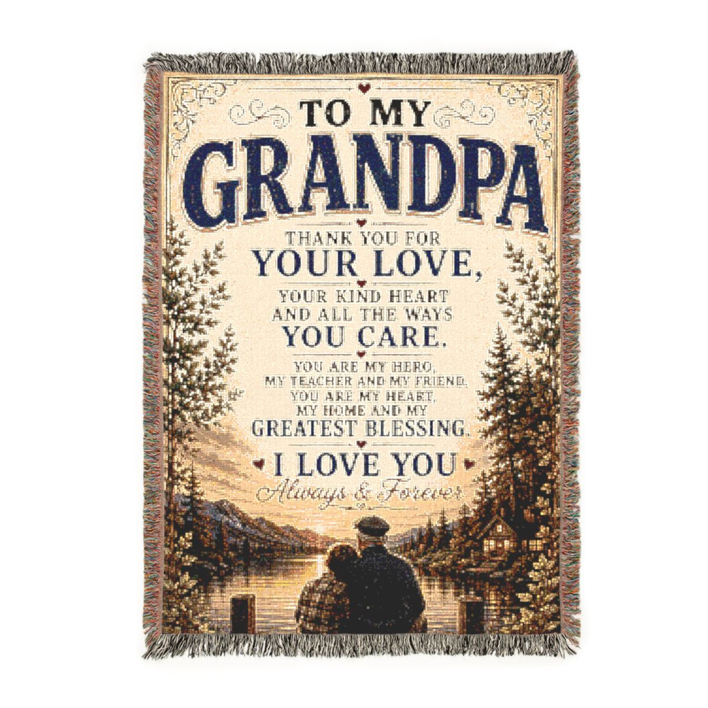 To My Grandpa woven blanket featuring a heartfelt message and peaceful lakeside artwork displayed in cozy living room and bedroom settings.
