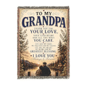 To My Grandpa woven blanket featuring a heartfelt message and peaceful lakeside artwork displayed in cozy living room and bedroom settings.