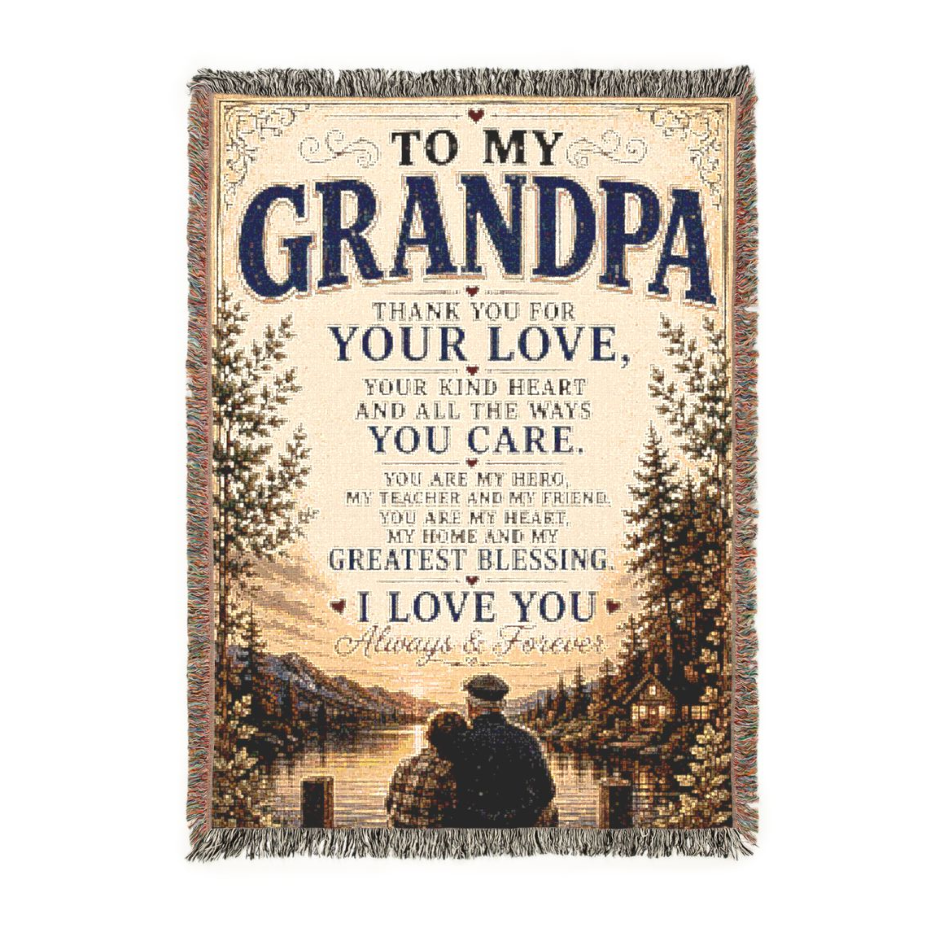 To My Grandpa woven blanket featuring a heartfelt message and peaceful lakeside artwork displayed in cozy living room and bedroom settings.