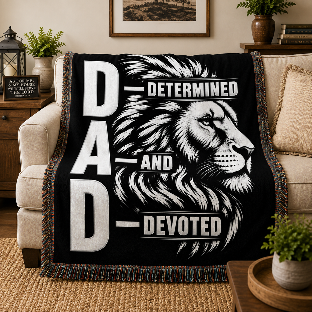 DAD Determined and Devoted Lion Woven Blanket