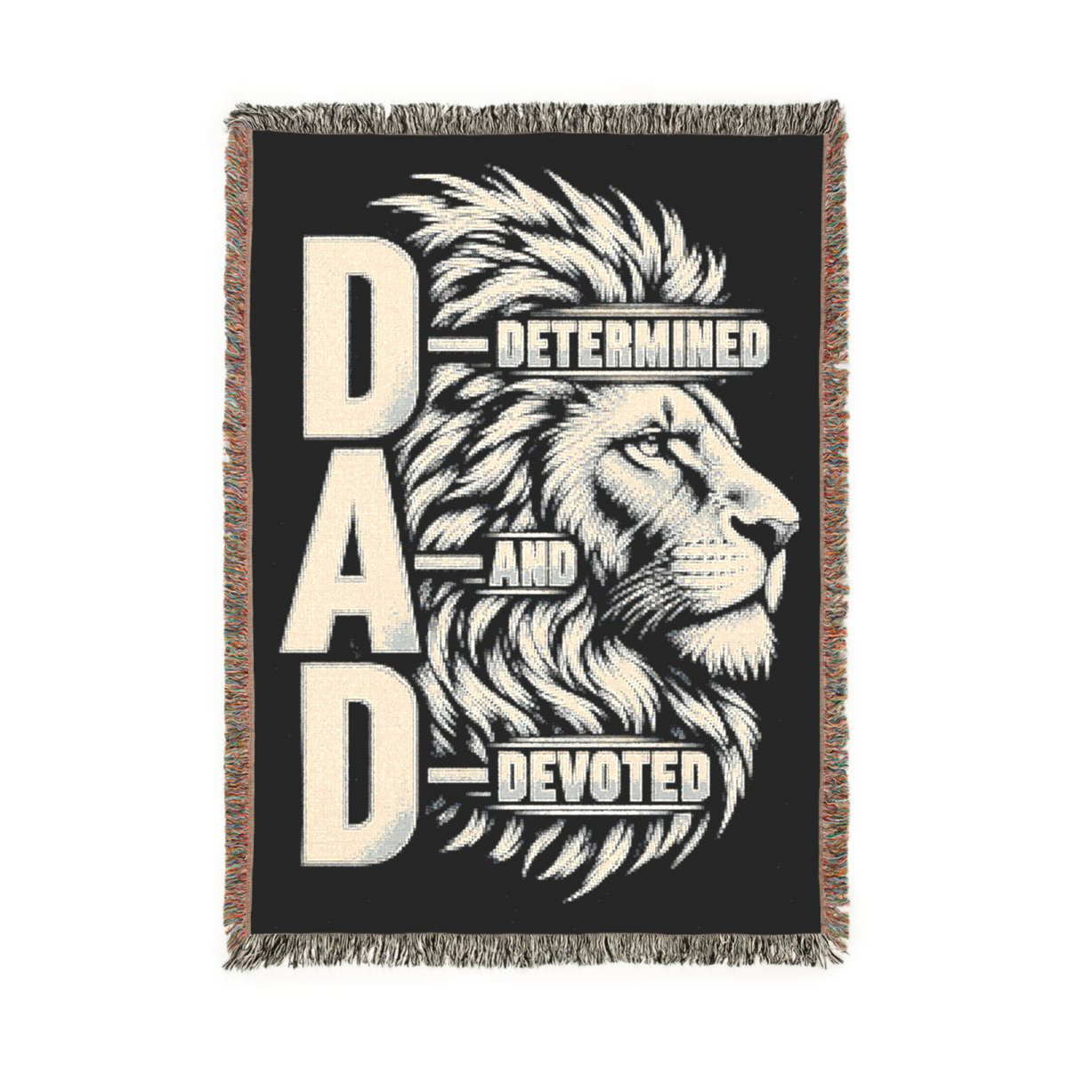 DAD Determined and Devoted lion woven blanket with black and white design and decorative fringe