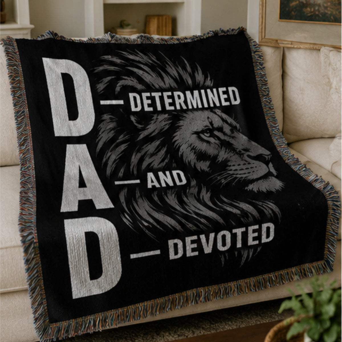 DAD Determined and Devoted Lion Woven Blanket