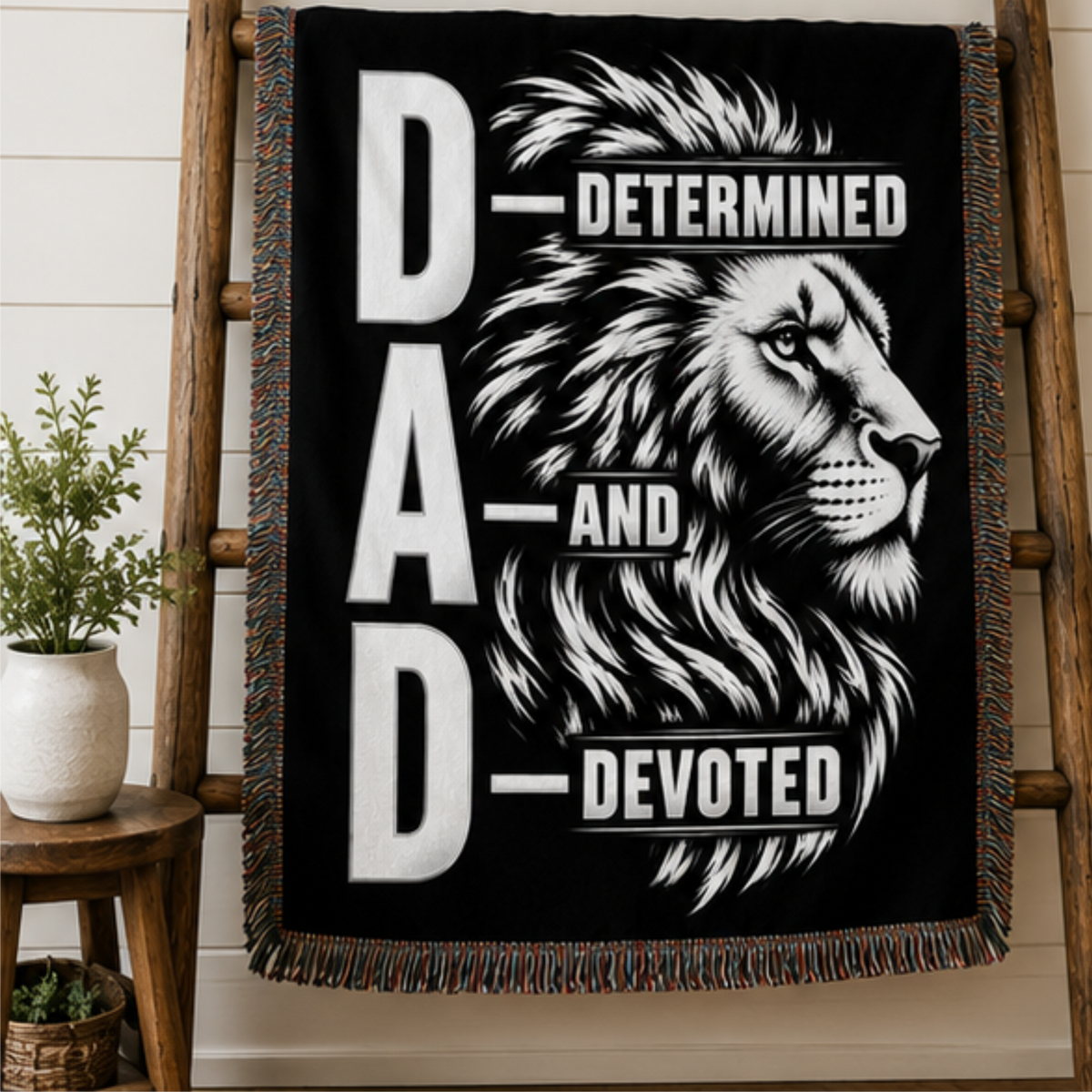 DAD Determined and Devoted Lion Woven Blanket
