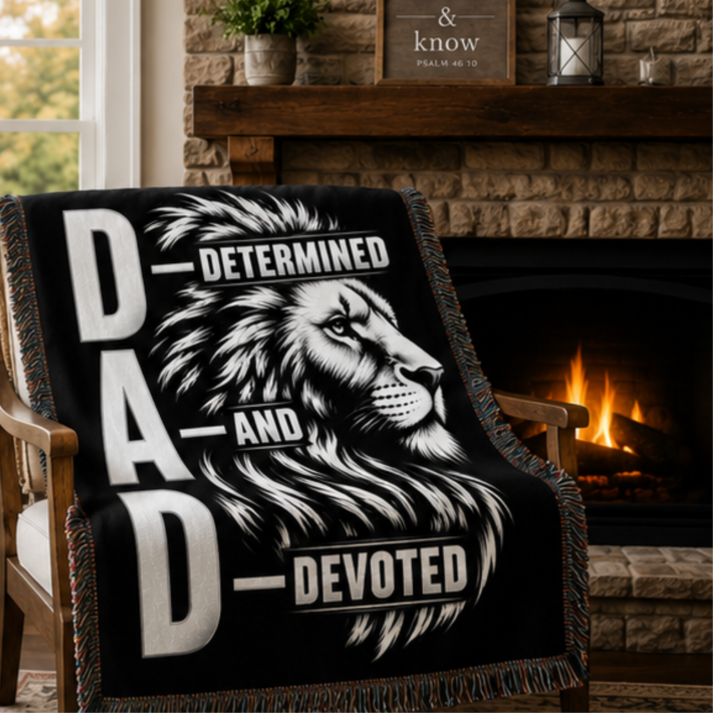 Determined and Devoted Dad gift blanket with lion artwork and woven fringe
