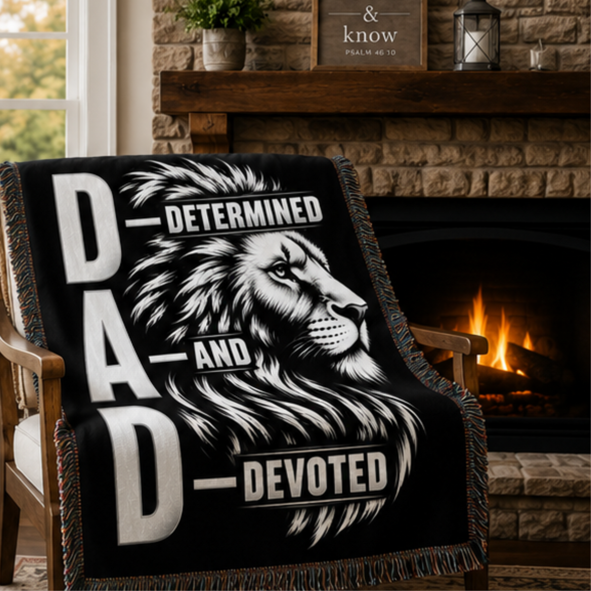 Determined and Devoted Dad gift blanket with lion artwork and woven fringe