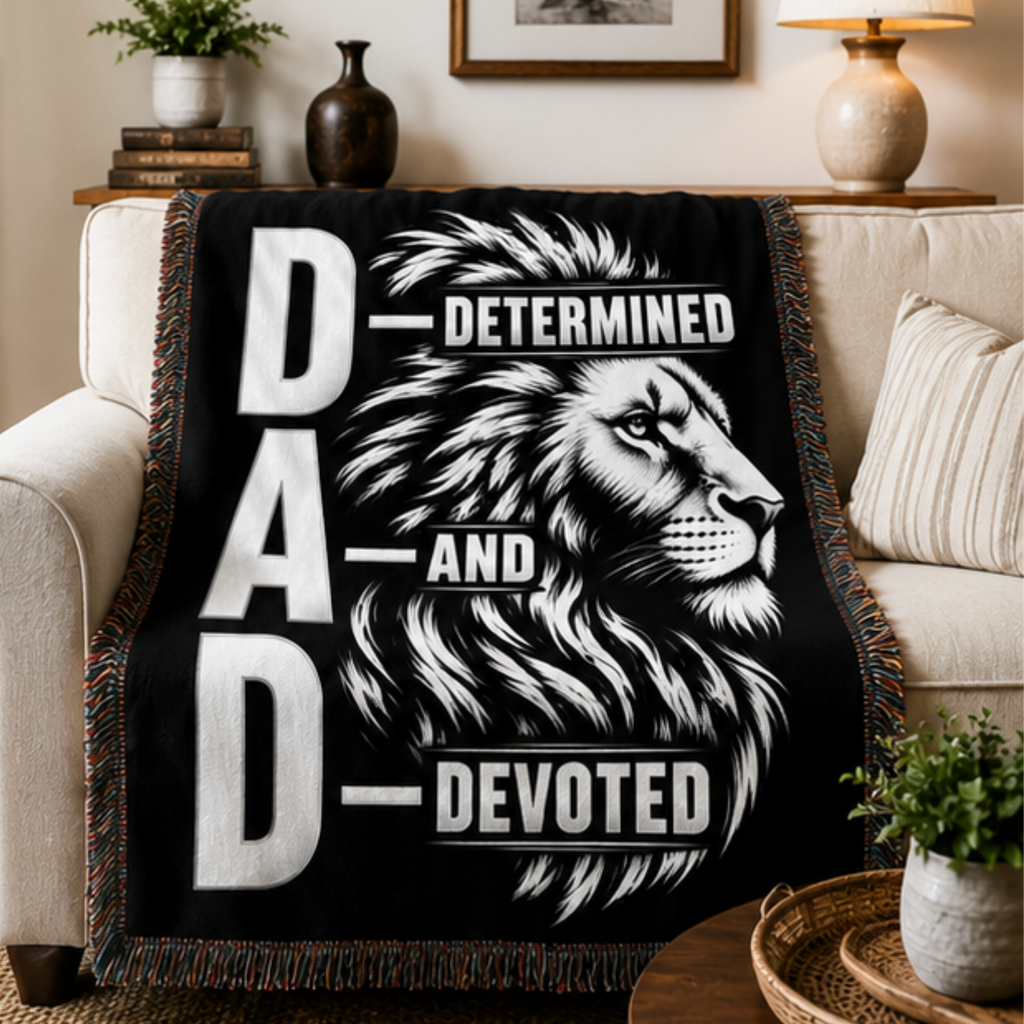 DAD Determined and Devoted Lion Woven Blanket