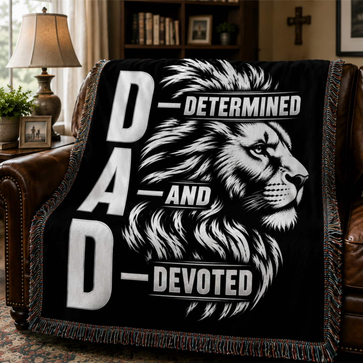 DAD Determined and Devoted Lion Woven Blanket