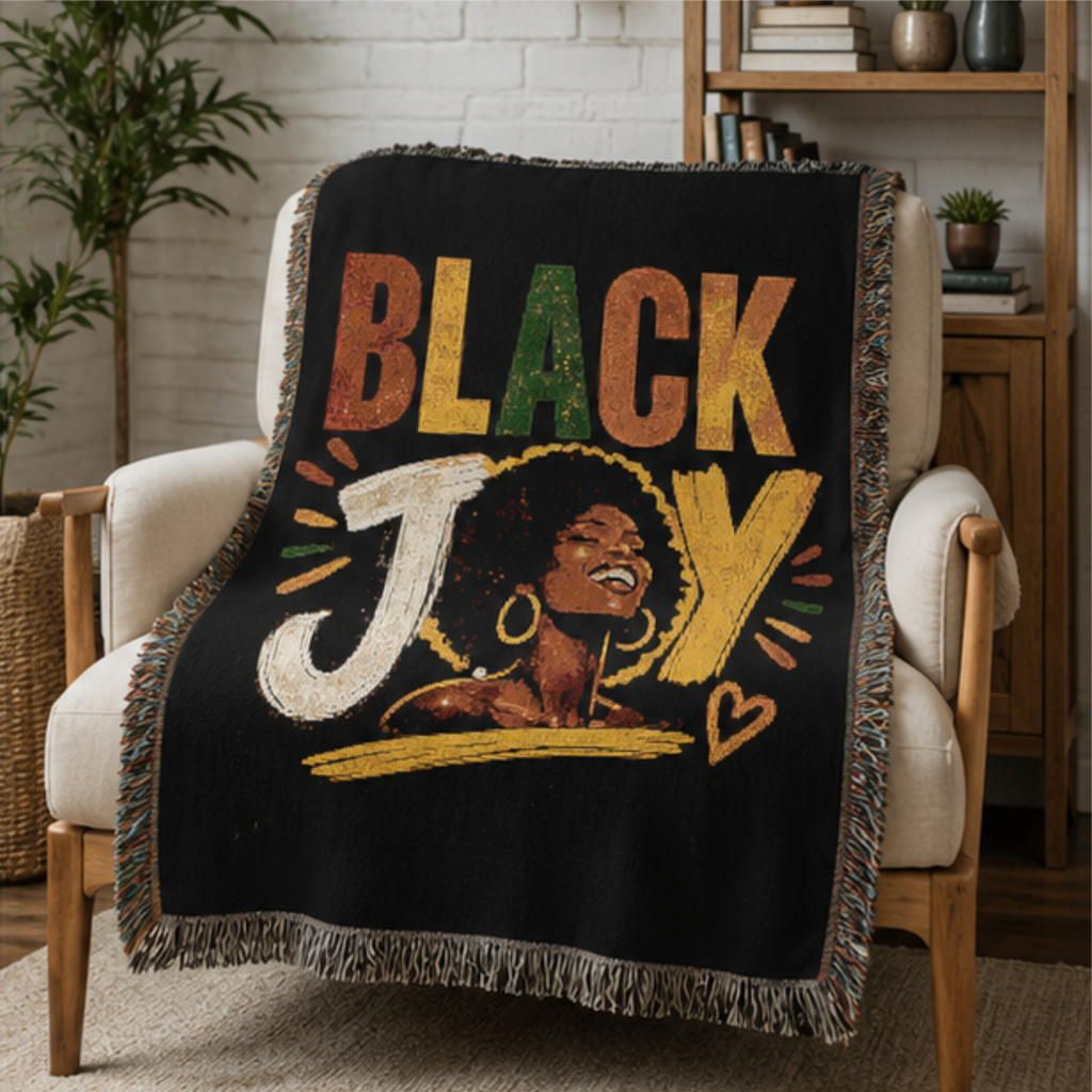 Black Joy Afrocentric woven blanket featuring a joyful Black woman portrait with colorful fringed edges