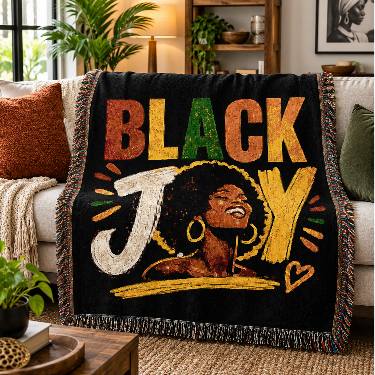 Black Joy Woven Blanket | Afrocentric Black Woman Throw.