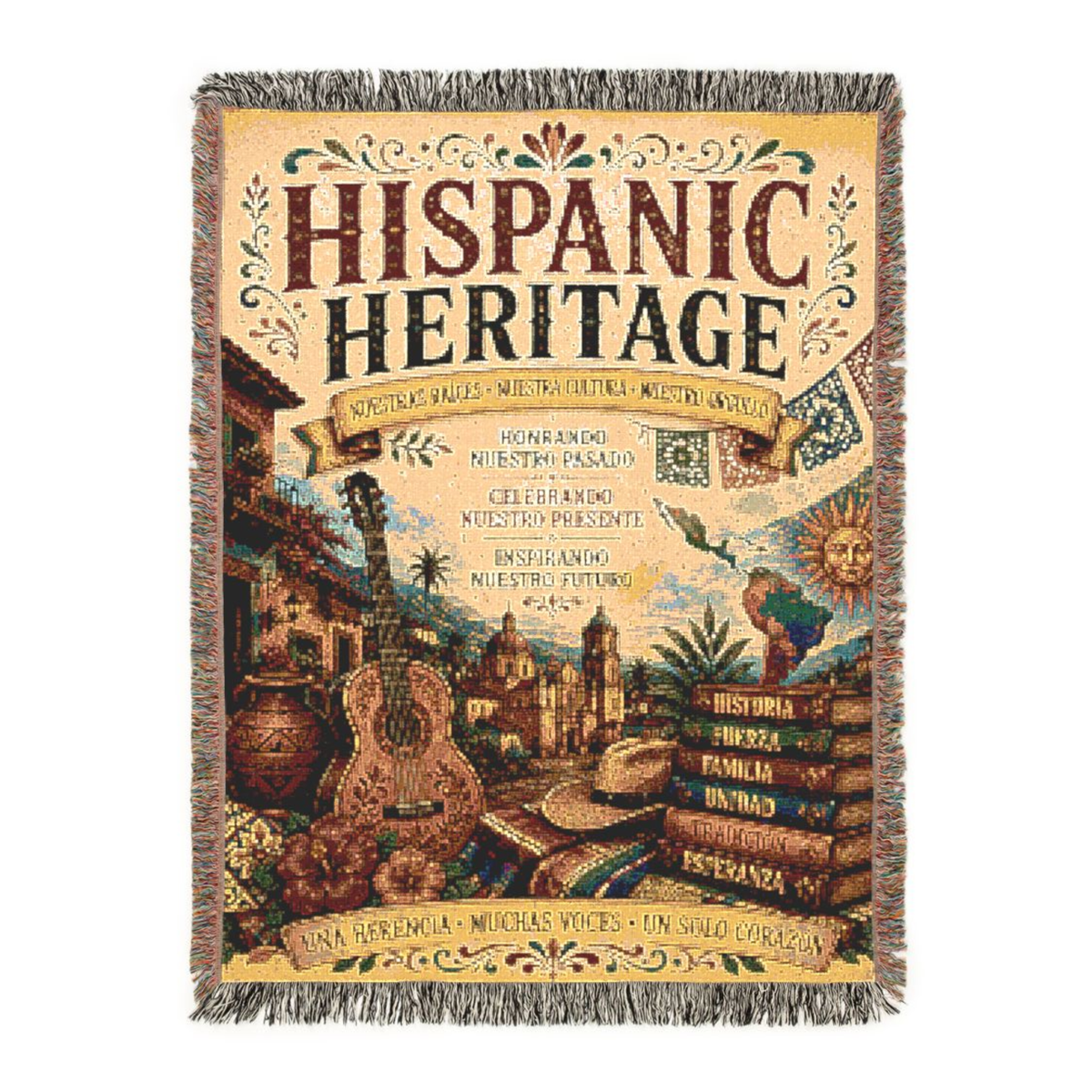 Hispanic Heritage woven blanket featuring colorful Latin cultural artwork, Spanish phrases and traditional heritage imagery