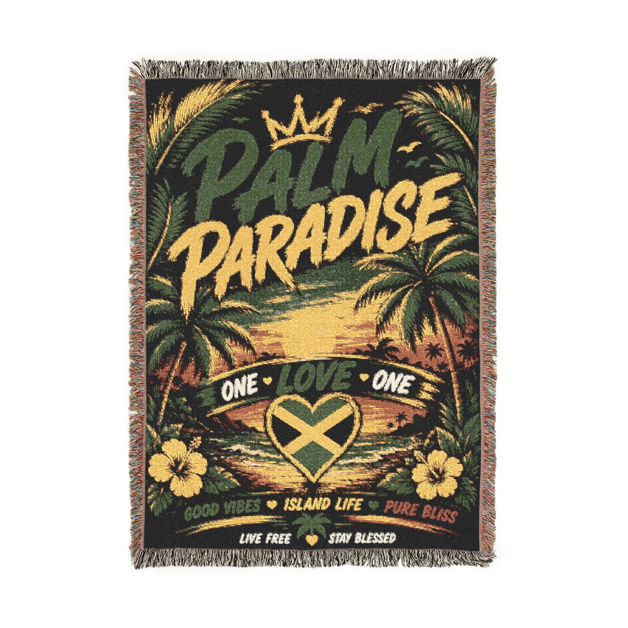 Palm Paradise One Love Woven Blanket | Tropical Caribbean Throw | Island Home Decor