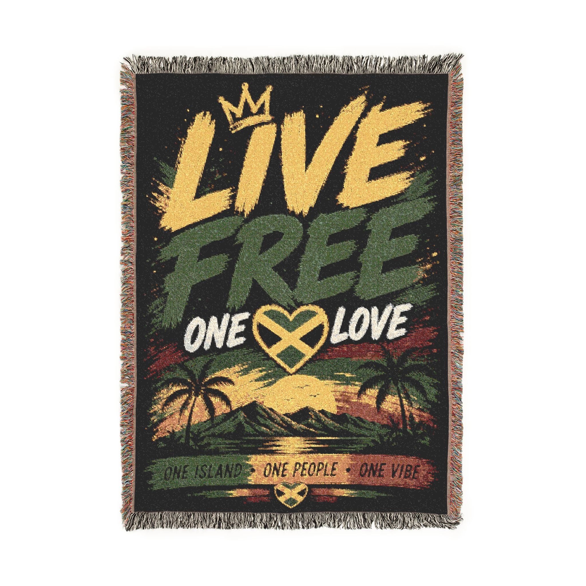 Live Free One Love Jamaica Woven Blanket | Caribbean Island Throw | Reggae Home Decor