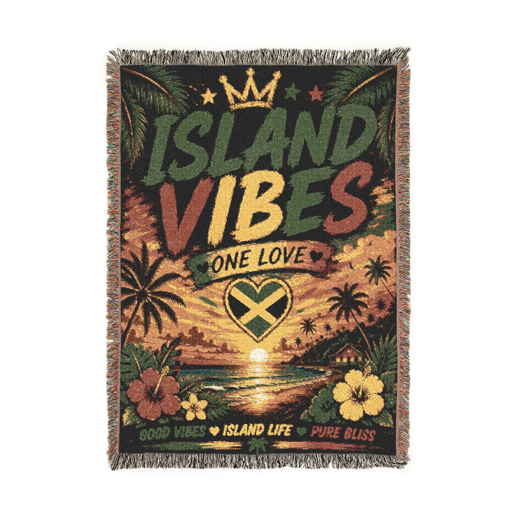 Island Vibes One Love woven blanket featuring a tropical beach sunset, palm trees, Jamaican heart flag, colorful hibiscus flowers, and vibrant Caribbean artwork.