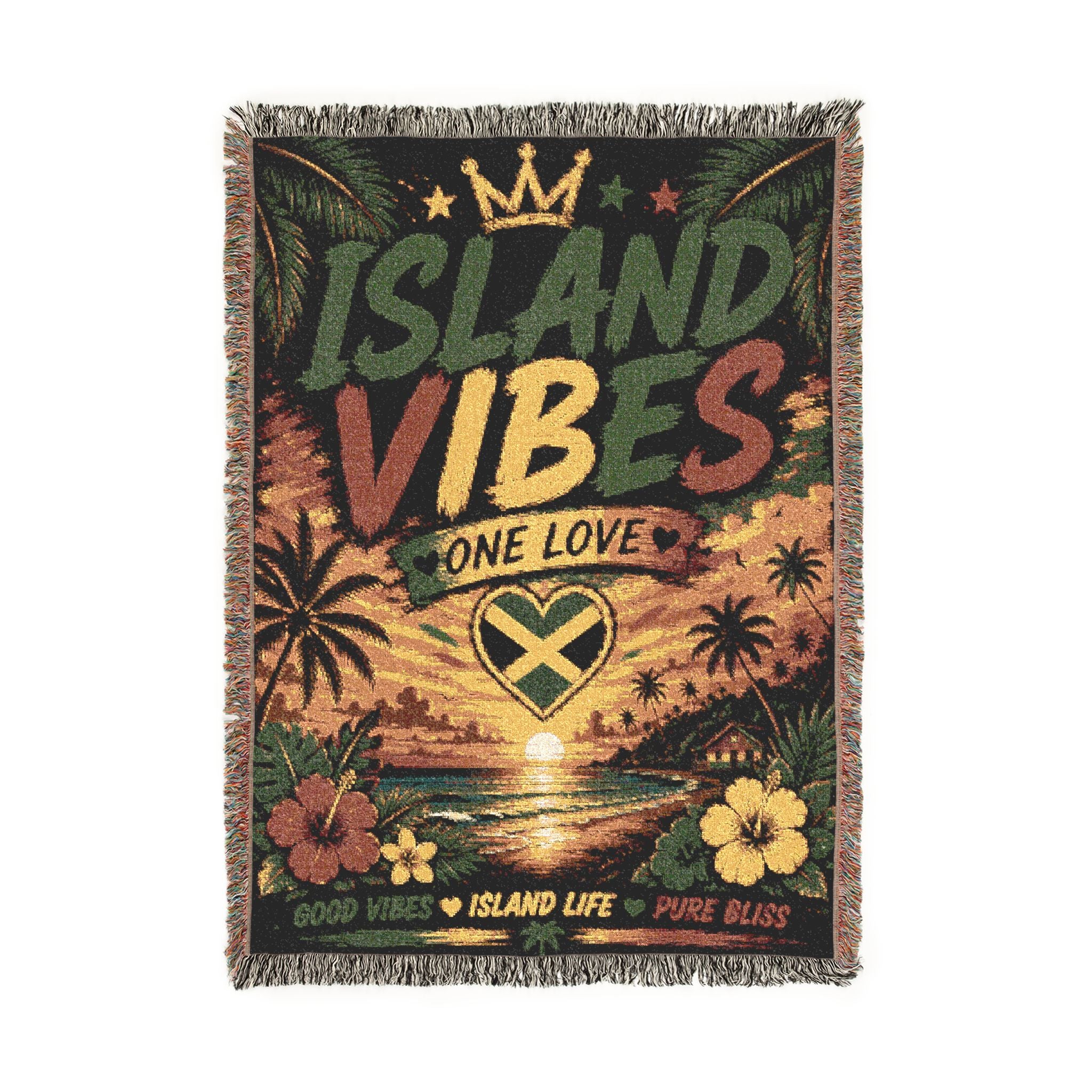 Island Vibes One Love woven blanket featuring a tropical beach sunset, palm trees, Jamaican heart flag, colorful hibiscus flowers, and vibrant Caribbean artwork.