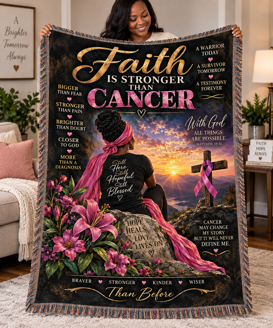 Faith Is Stronger Than Cancer woven blanket design featuring a woman overlooking a sunrise, Christian cross, cancer awareness ribbon, pink flowers and inspirational faith messages.