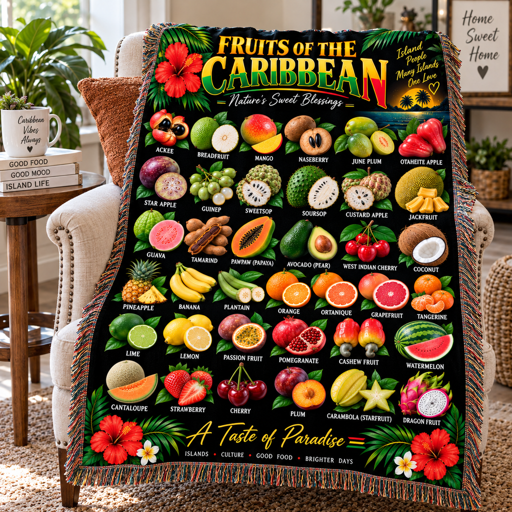 Fruits of the Caribbean Woven Blanket – Tropical Island Fruit Heritage Throw – Caribbean Home Décor Gift