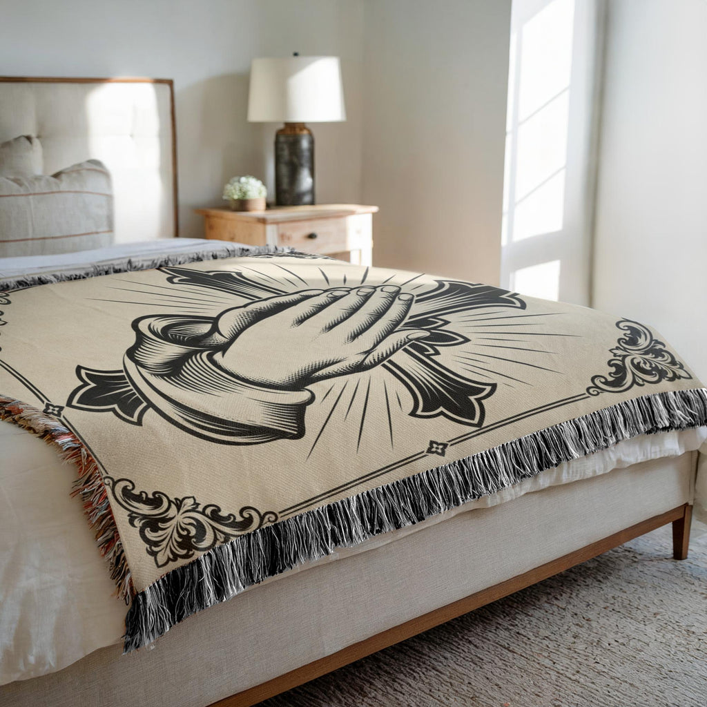 Praying Hands woven blanket featuring vintage black prayer hands, ornate cross, and decorative border on a neutral background.