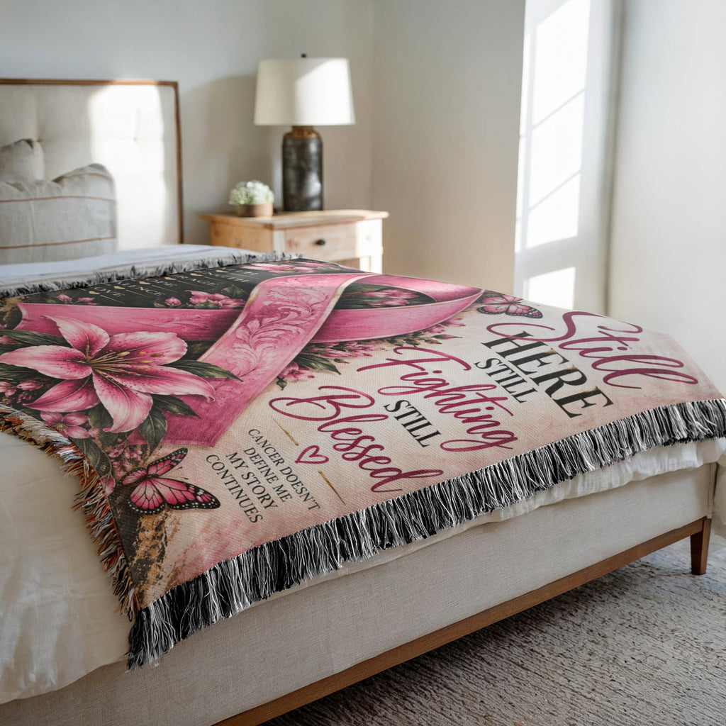 Hope & Strength cancer support collection featuring a pink awareness ribbon, flowers, comfort blanket, and messages of hope, courage and strength.