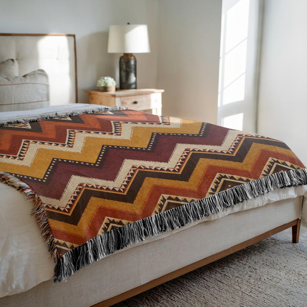 Warm geometric woven blanket design featuring layered chevrons in burnt orange, rust, mustard gold, burgundy, brown and cream.